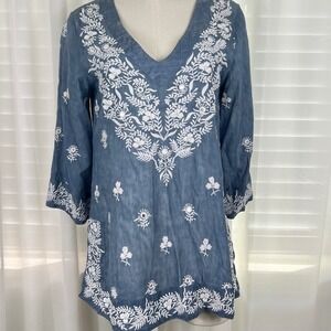 Saks Fifth Ave Embroidered Tunic Top Women S Linen‎ Blue Boho  Coastal Vacation